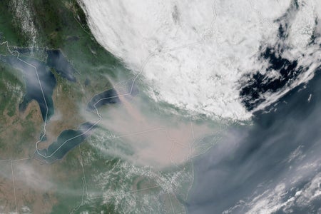 Satellite image of wildfire smoke