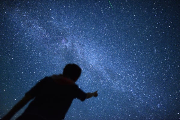 Silhouette of a person pointing up towards a starry sky