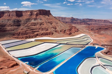 Evaporation ponds at a potash mine using a solution mining method for extracting potash near Moab, Utah. Blue dye is added to speed up evaporation