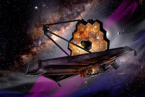 Illustration of James Webb Space Telescope (JWST) in space with star clusters reflected in the telescope’s mirrors