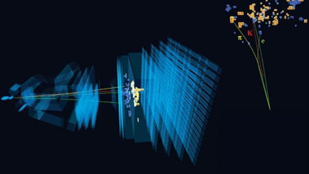 A visualization of the very rare decay of a beauty meson as observed by the LHCb experiment.