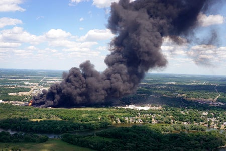 An explosion caused a massive chemical fire at Chemtool Inc. on June 14, 2021 in Rockton, Illinois. A massive plume of black smoke can be seen in this aerial photograph.