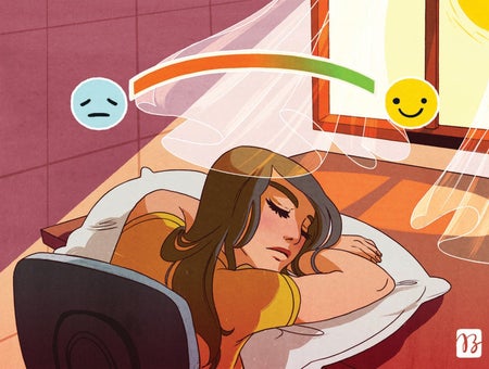 Illustration of a girl sitting at a desk, resting her head upon a pillow. A sadness to happiness scale is above her head.