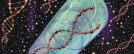 Illustration of colorful DNA strands against a black background