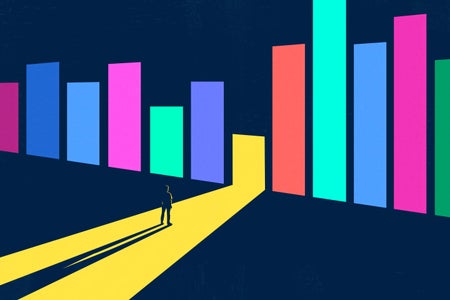 Illustration of a person standing in the light beam shining from a glowing doorway on a wall formed by a towering colorful bar chart