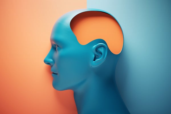 3D illustration of a blue human head in profile with an empty cavity cutout on the side and rear of the skull, in front of a blue and orange flat background