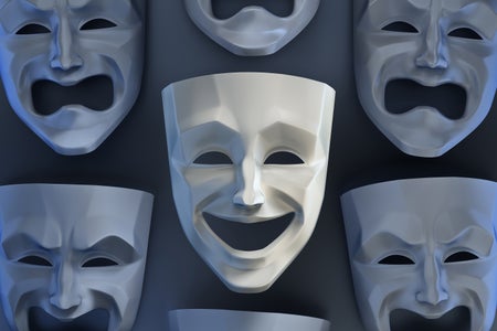 Illustration of comedy and tragedy theater masks on reflective background