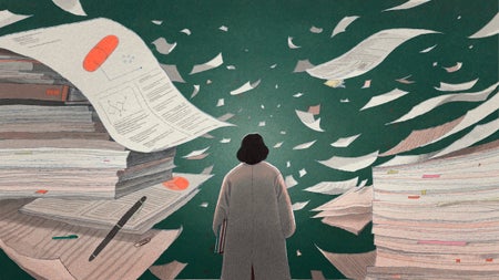 An illustration of a woman scientist standing between building-sized stacks of toppling papers