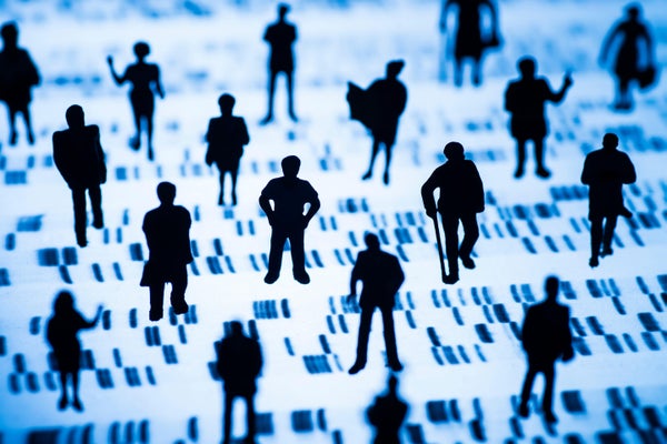 Photo illustration, backlit DNA profile and a group of people in silhouette spread out evenly across the frame of the image