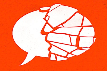 illustration of a white speech bubble disintegrating with cracks that form the shape of Donald Trump's profile on a red background