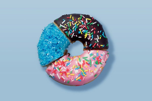 photo illustration, donut cut into three sections on a blue background