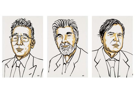 Sketches of the three winners of the 2021 Nobel Prize in Physics.