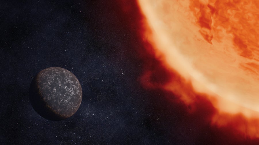 Illustration of exoplanet LHS 3844 b orbiting its red dwarf star.