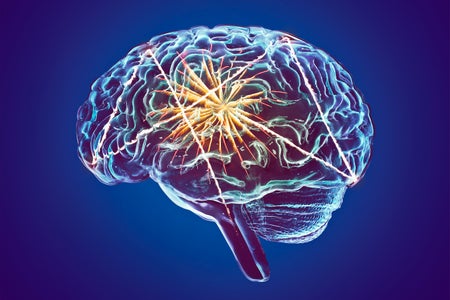 Photo illustration of a glass brain with fireworks inside on a blue background