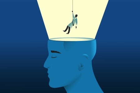 Vector illustration, doctor descends into human head as alpinist, the top of the head is open and a light shining out from and upwards from inside