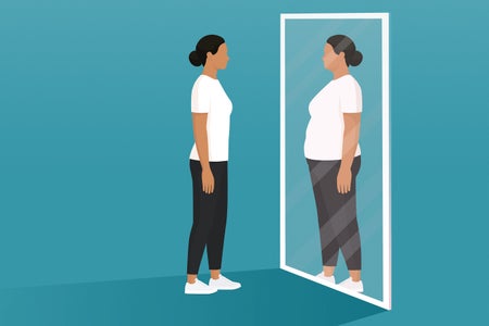 Vector illustration of a woman looking at the mirror and seeing herself as overweight on a blue background