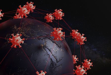 3D digital illustration of an all black globe in space surrounded by a network of red viruses