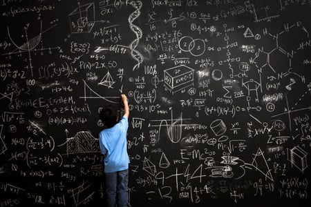 A a conceptual representation showing a boy in a blue shirt facing away from the camera, working on math.