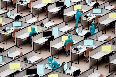 Computer generated 3D illustration of five office workers interspersed amongst mostly empty cubicles and desks in a large open space office