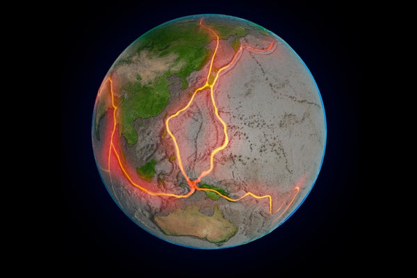 Planet earth with the fault lines of the tectonic plates, computer illustration.