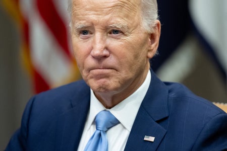 Close up photograph of President Joe Biden during a briefing in the Roosevelt Room of the White House