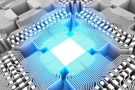 Artist’s illustration concept of a quantum computer chip glowing with a blue light at the center