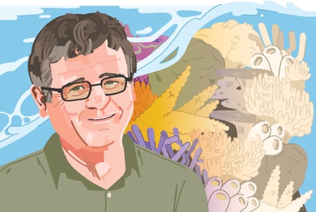 Illustration of Terry Hughes against a coral reef background