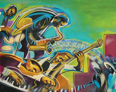 Illustration of four jazz musicians with different, funky colors