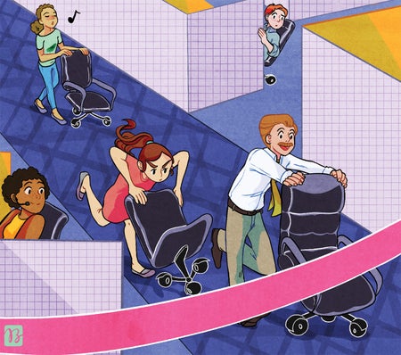 Illustration of office workers pushing their wheeled chairs