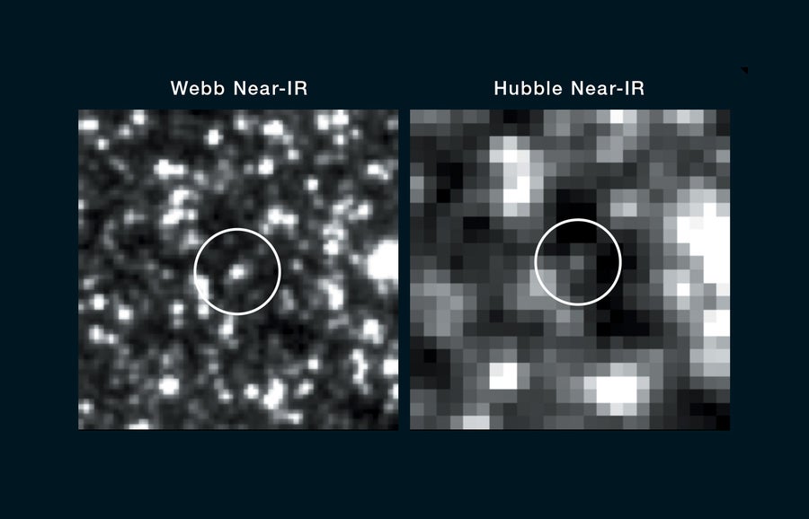 Side-by-side photographs of a galaxy at the far end of the Hubble Space Telescope’s range