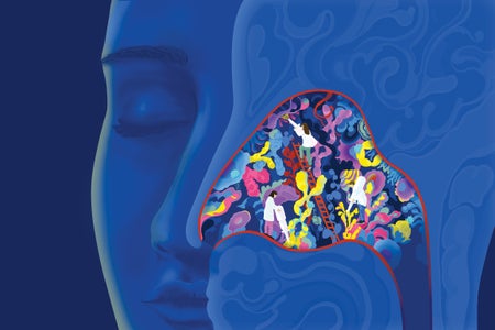 Illustration of a face, with an enlarged nasal cavity. Inside the nasal cavity are three health care professionals with nasal spray bottles and colorful patterns