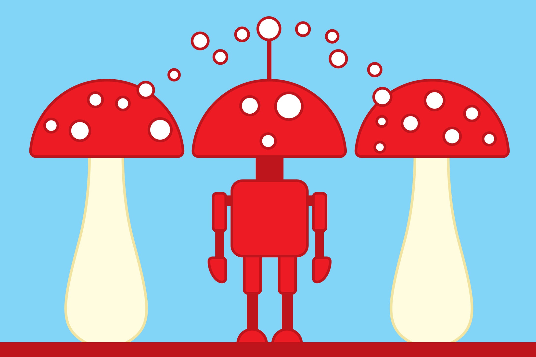 Fanciful illustration of two mushrooms with a similar-looking robot standing between them, apparently communicating