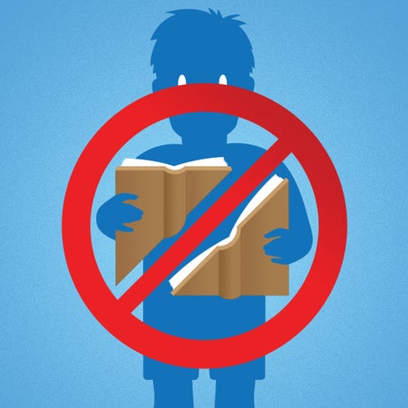 Illustration of a blue boy holding a book ripped in half, with the stop symbol over the book