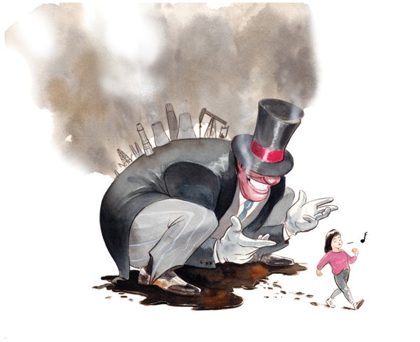 Illustration of a large man with a top hat carrying a smoky city on his back. A small girl in walking and whistling in front of him.