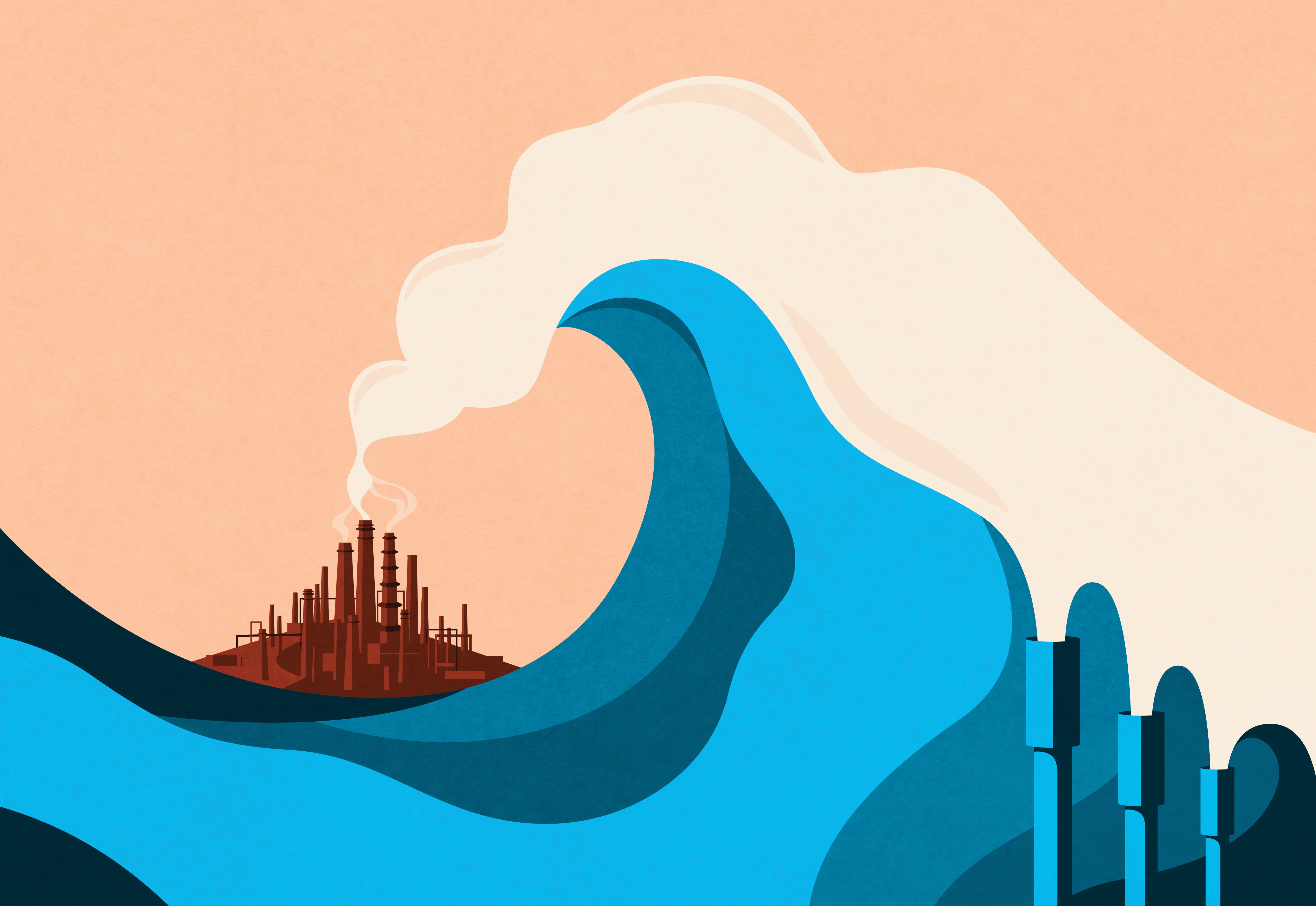 Illustration of blue ocean waves in front of a power plant with smoke