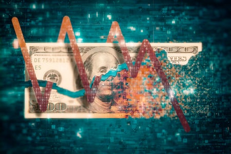 Photo illustration of a pixelated, torn, and disintegrating one hundred dollar bill with a line graph weaving up and down behind and infront of the bill through the torn edge