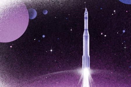 Purple illustration of a space shuttle at liftoff