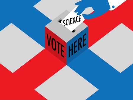 Illustration of person putting a vote for science ballot in box