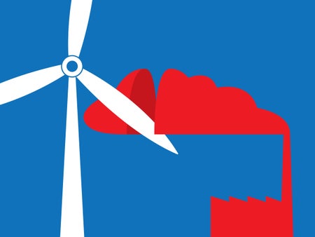 Illustration of a white wind turbine cutting red air pollution on a blue background