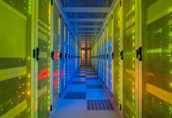 Multi-colored server room in a data center