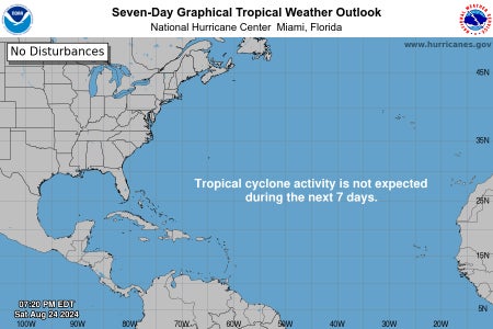 Seven-Day Graphical Tropical Weather Outlook from August 24, 2024 shows a map of the Northern Atlantic Ocean with text overlaid that reads, "Tropical cyclone activity is not expected during the next 7 days."