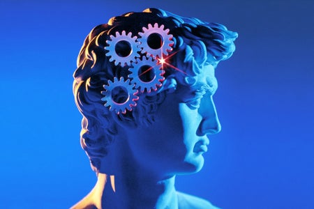 Composite photograph of classical Greek statue in profile with gears in head with blue background and mixed color lighting