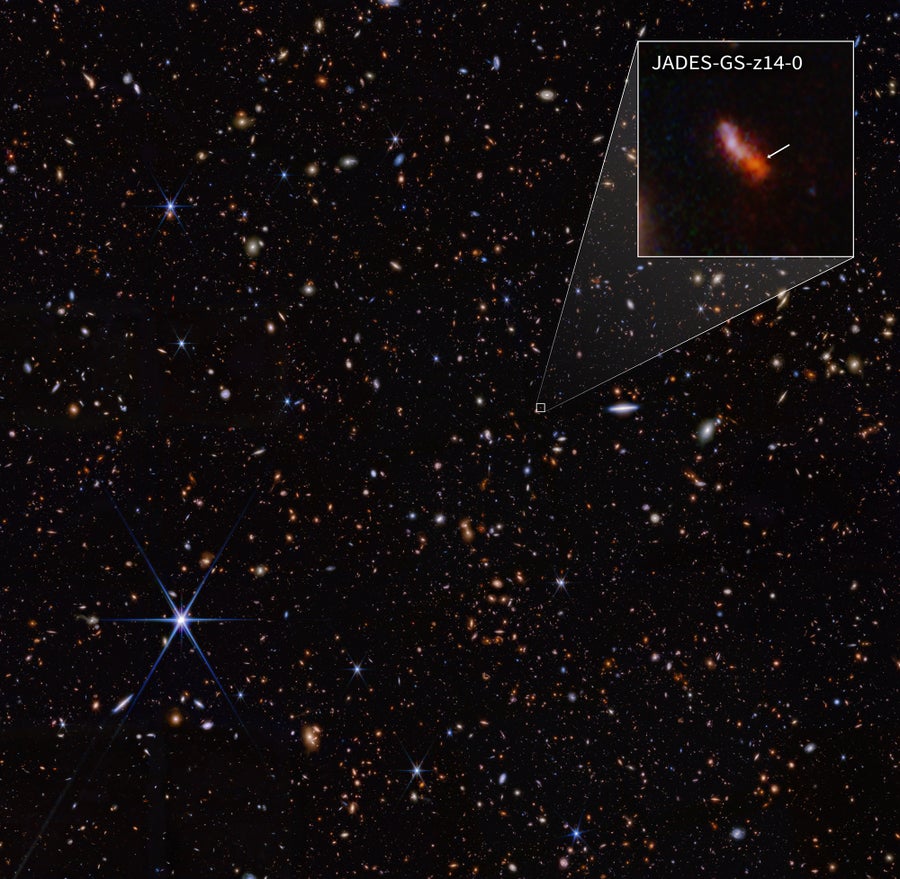 A deep field image from the JWST Advanced Deep Extragalactic Survey (JADES), with the galaxy JADES-GS-z14-0 in a graphic pull-out