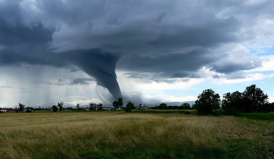 Tornado over cultivated fields.