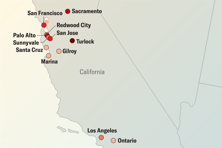 Cropped section of a U.S. map highlights about a dozen cities in California with labels and dots colored in various shades of red.