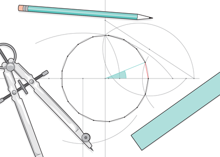 Illustration shows a compass, straightedge and pencil laid over a drawing of a 17-sided regular polygon with pencil marks showing how the shape was constructed using the tools shown.