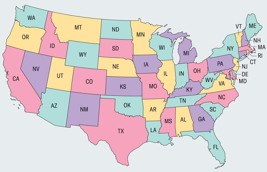 A map of the U.S. with states in yellow, blue, pink and purple. The states that share a border are in different colors.