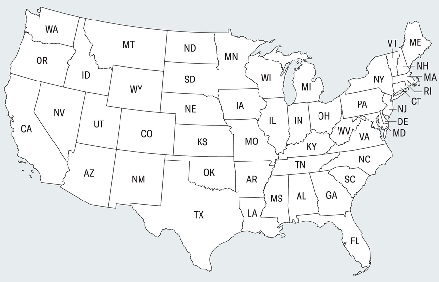 A map of the U.S. with state borders.